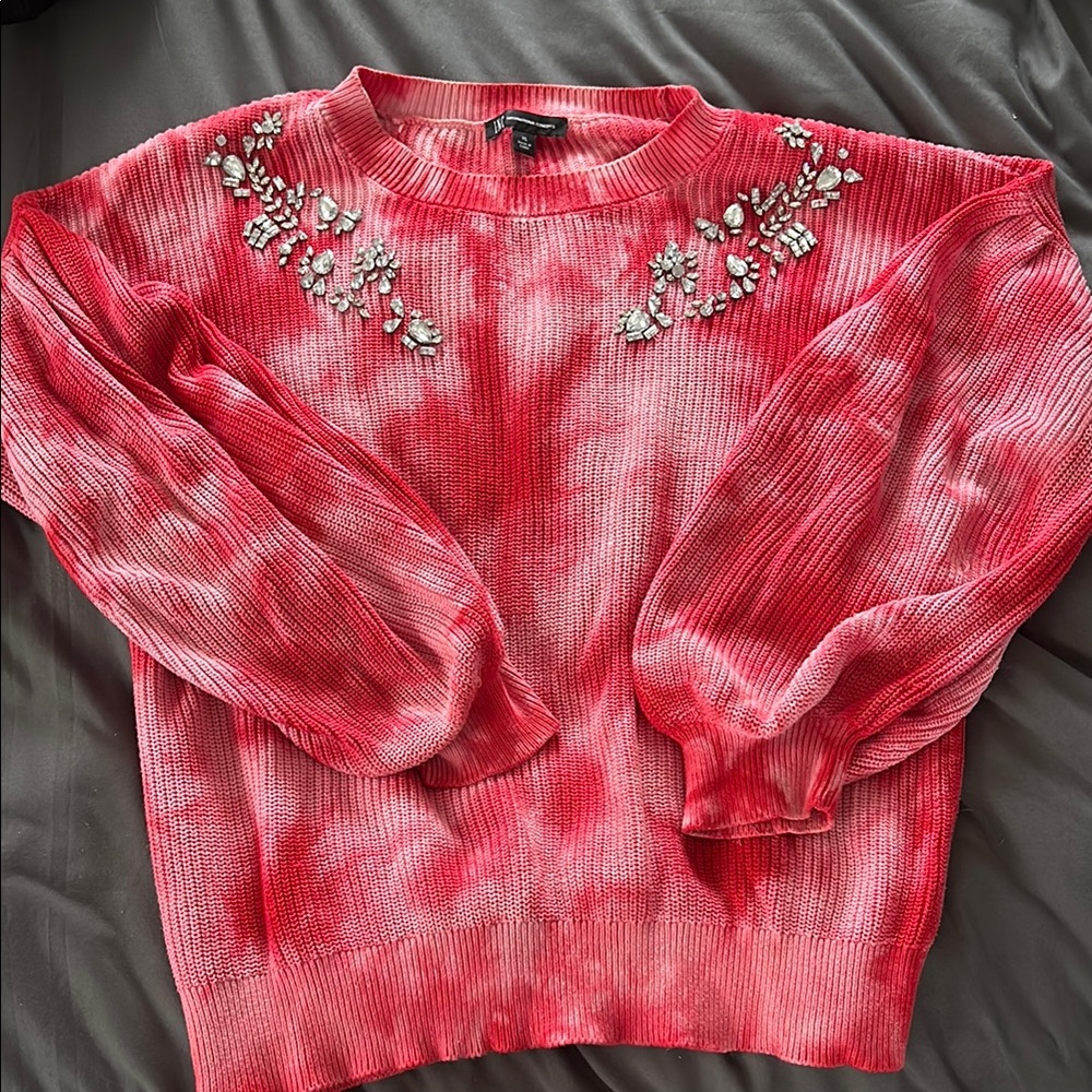 Red Tie-Dye Sweater with Embellishments